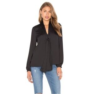 L'Academie Revolve 70's Blouse Neck Tie Black Long Sleeve Satin Size XS